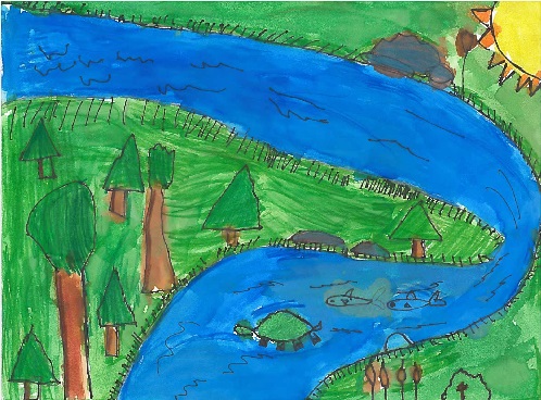 Child's drawing of a river with fish