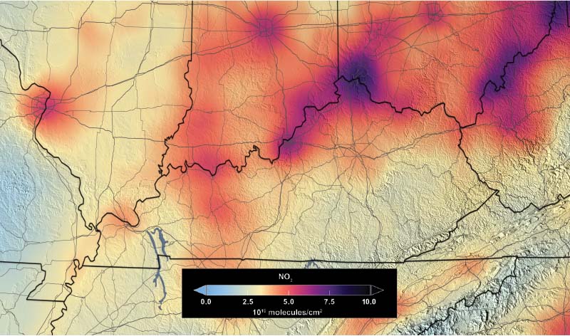 Map shows high levels of nitrogen dioxide over the Ohio River valley and other parts of Kentucky in 2005.