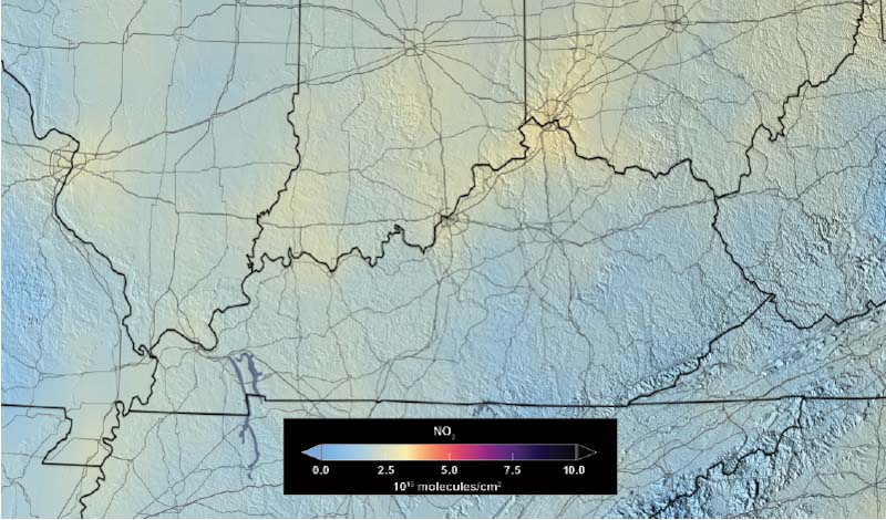 NASA map shows dramatic declines in nitrogen dioxide levels over Kentucky by 2018.