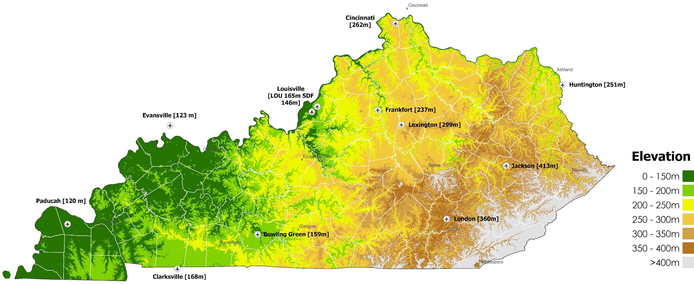 Map of Elevation across Kentucky. Elevation gains as one goes further east in Kentucky. Western Kentucky sees elevations less th