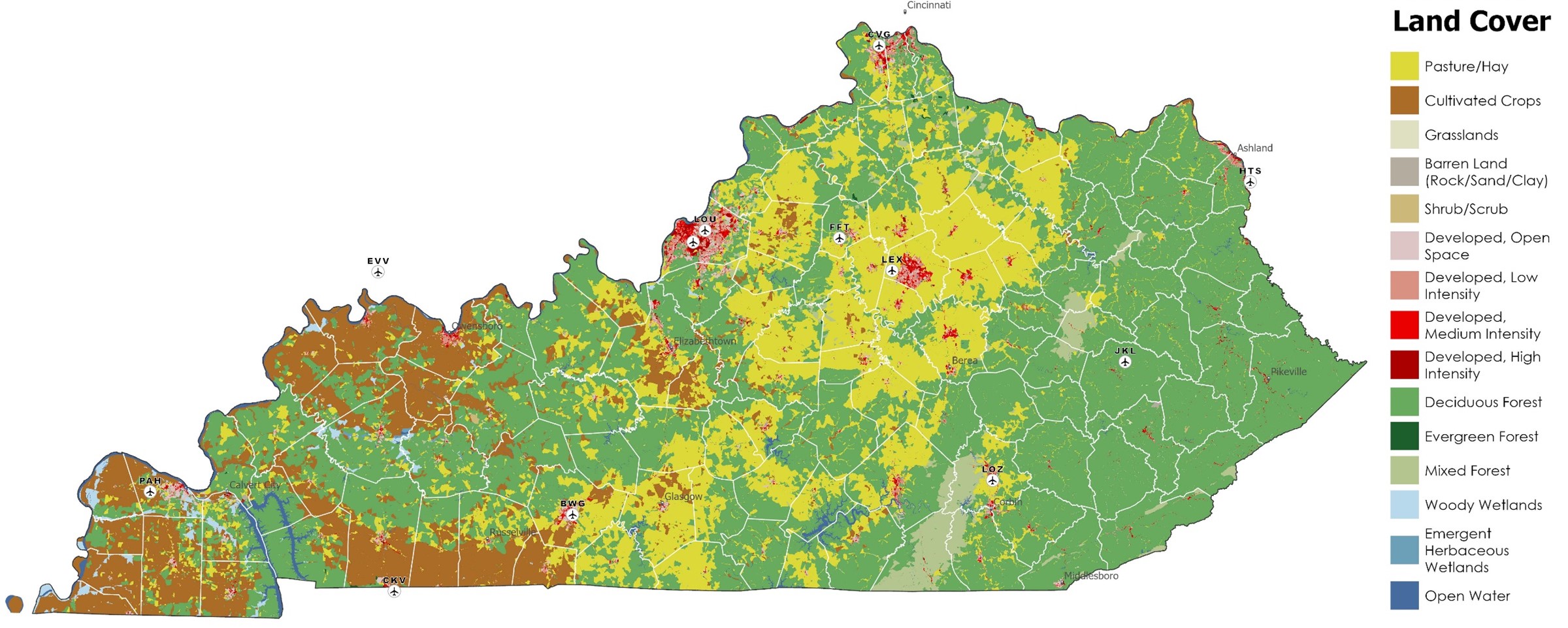 Map of land cover in the state of Kentucky. The western portion of Kentucky is primarily covered in a mix of Cultivated Crops an