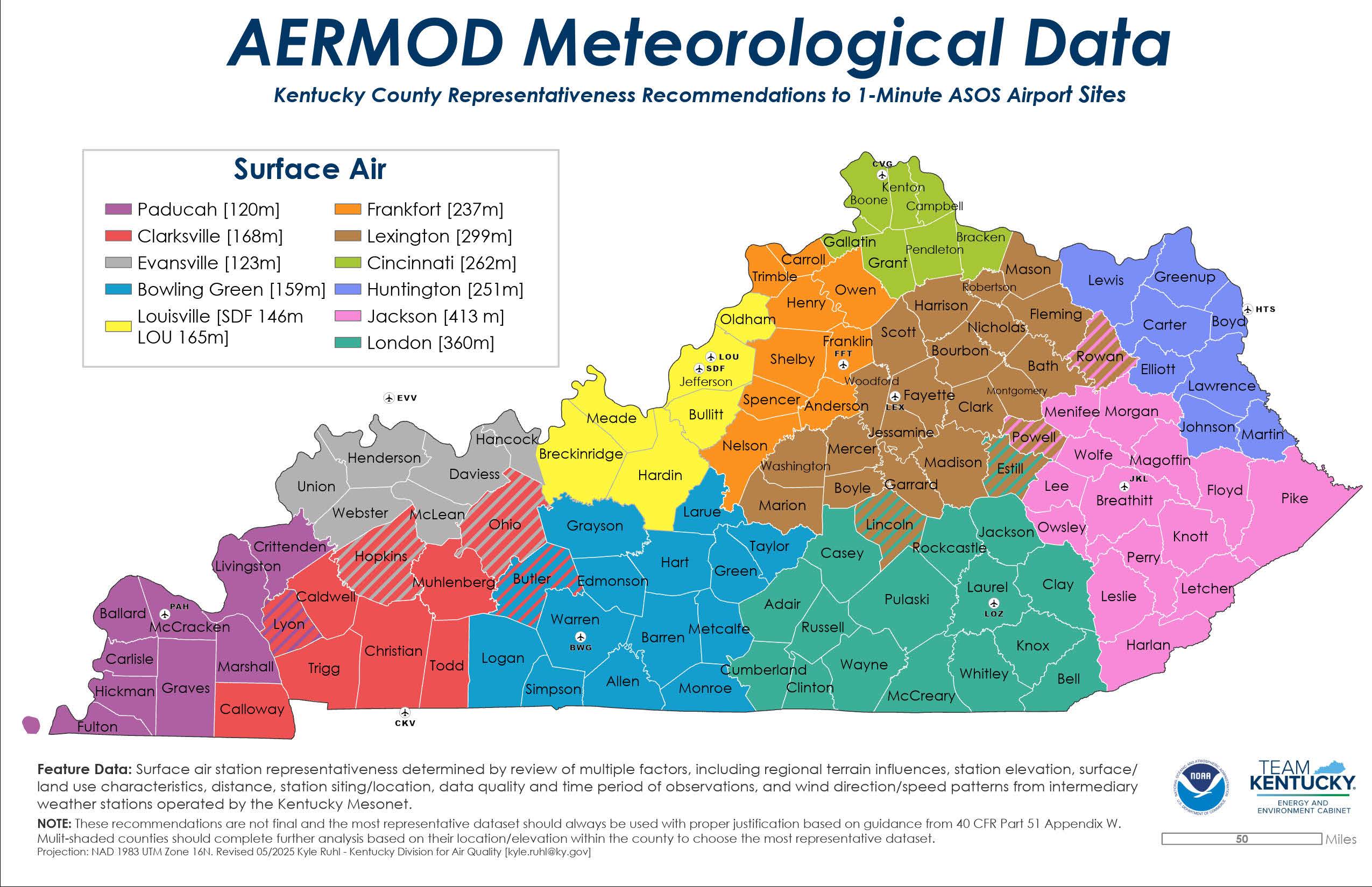 Map of surface air data regions in Kentucky
