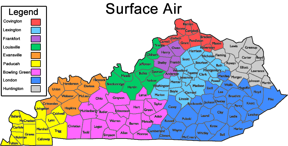Color-coded map of Kentucky counties corresponding to Surface Air Files