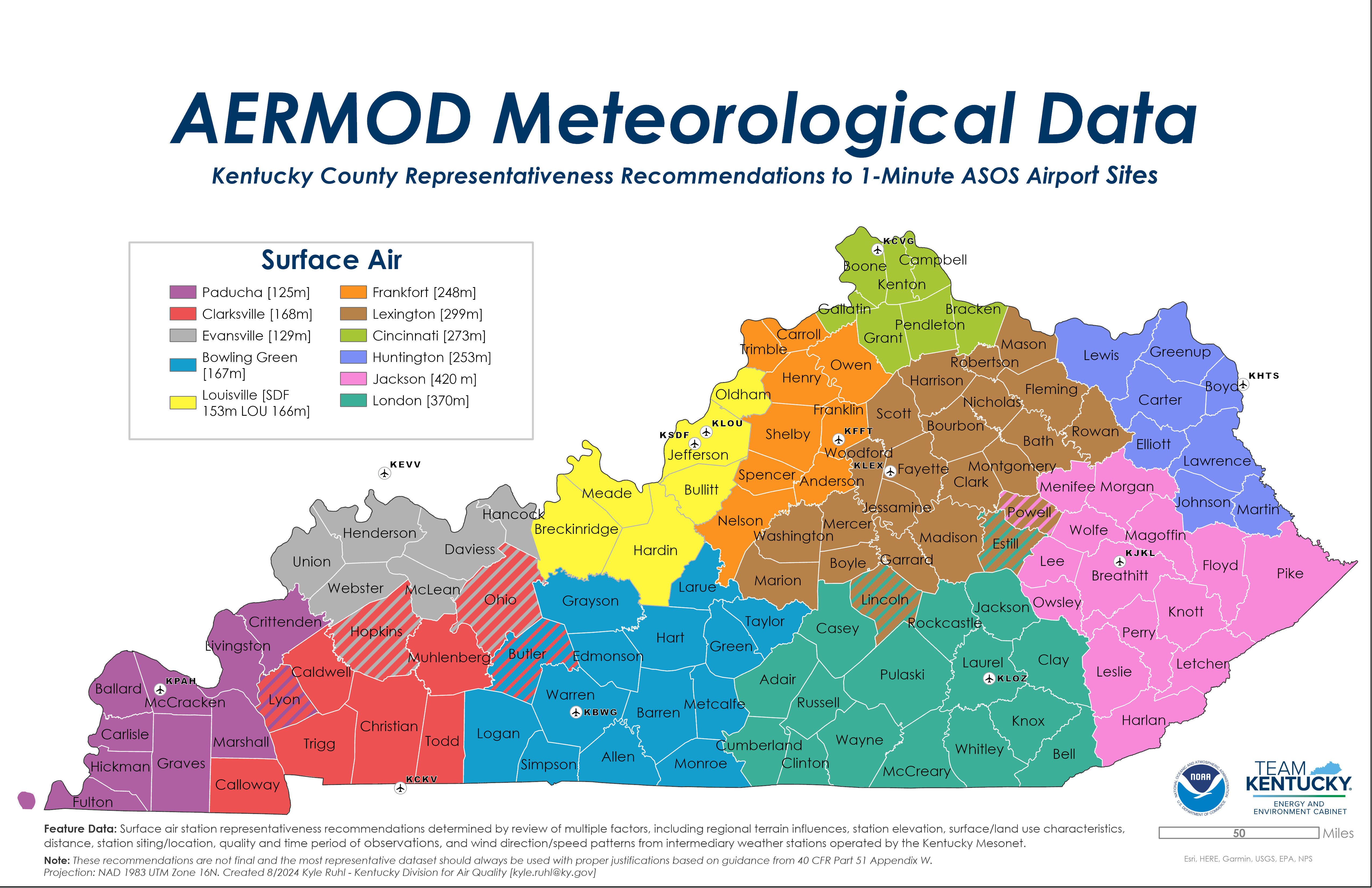 Map of surface air data regions in Kentucky