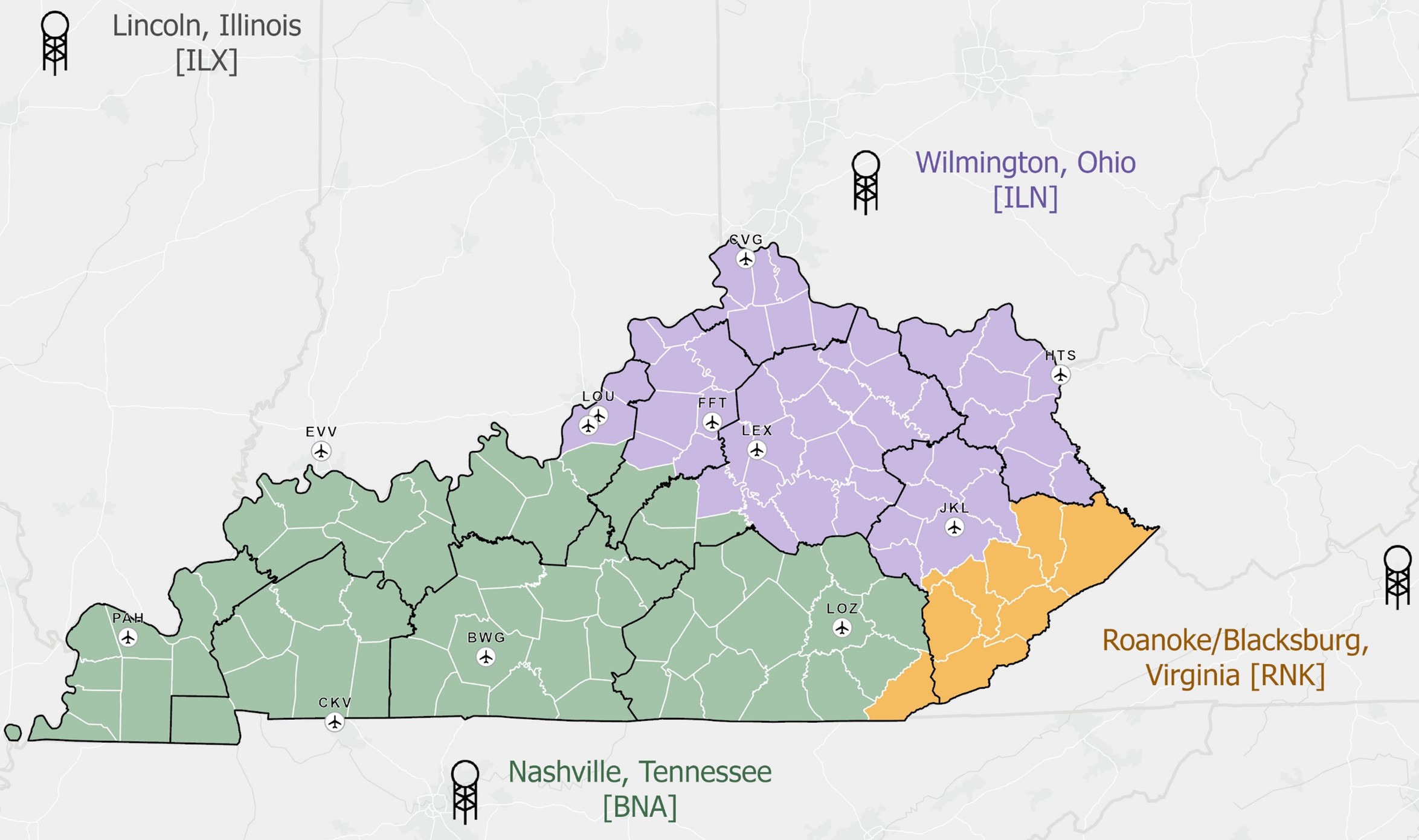 Map of regions for upper air meteorological data in Kentucky. Station-County pairs are described in the bulleted list below. 