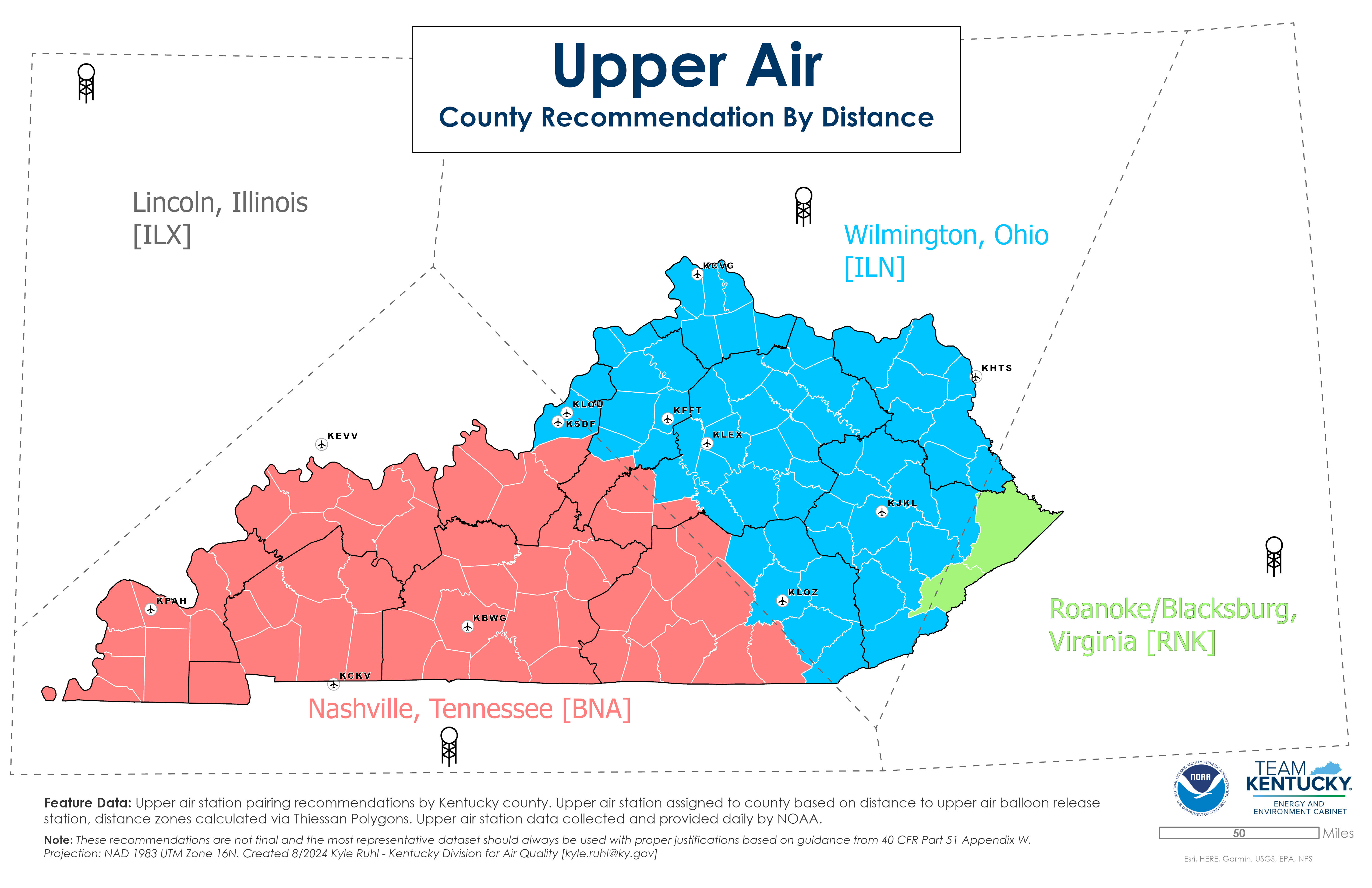 A map of upper air meteorology regions in Kentucky