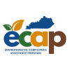 A logo of the letters "ECAP" under a blue image of the state of Kentucky. The letters are blue, green, yellow, and brown respectively. A green and yellow leaf appear to sprout from the letter e. The words "Environmental Compliance Assistance Program" written underneath. 
