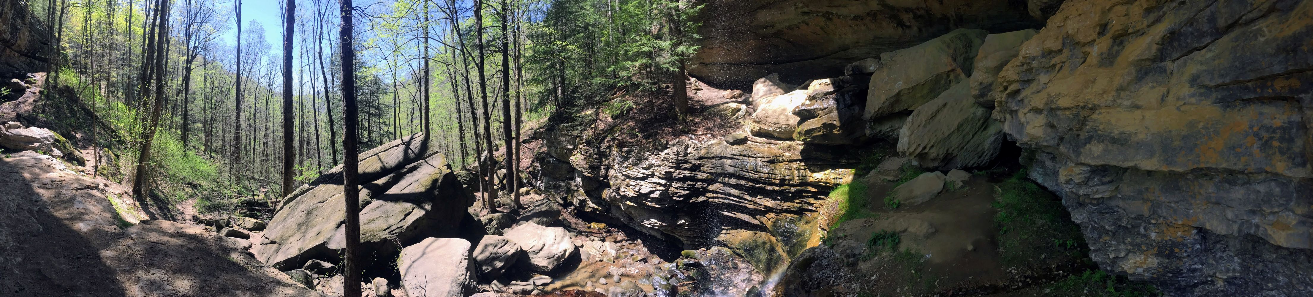 Rocky outcrop behind small waterfall looks out onto forest