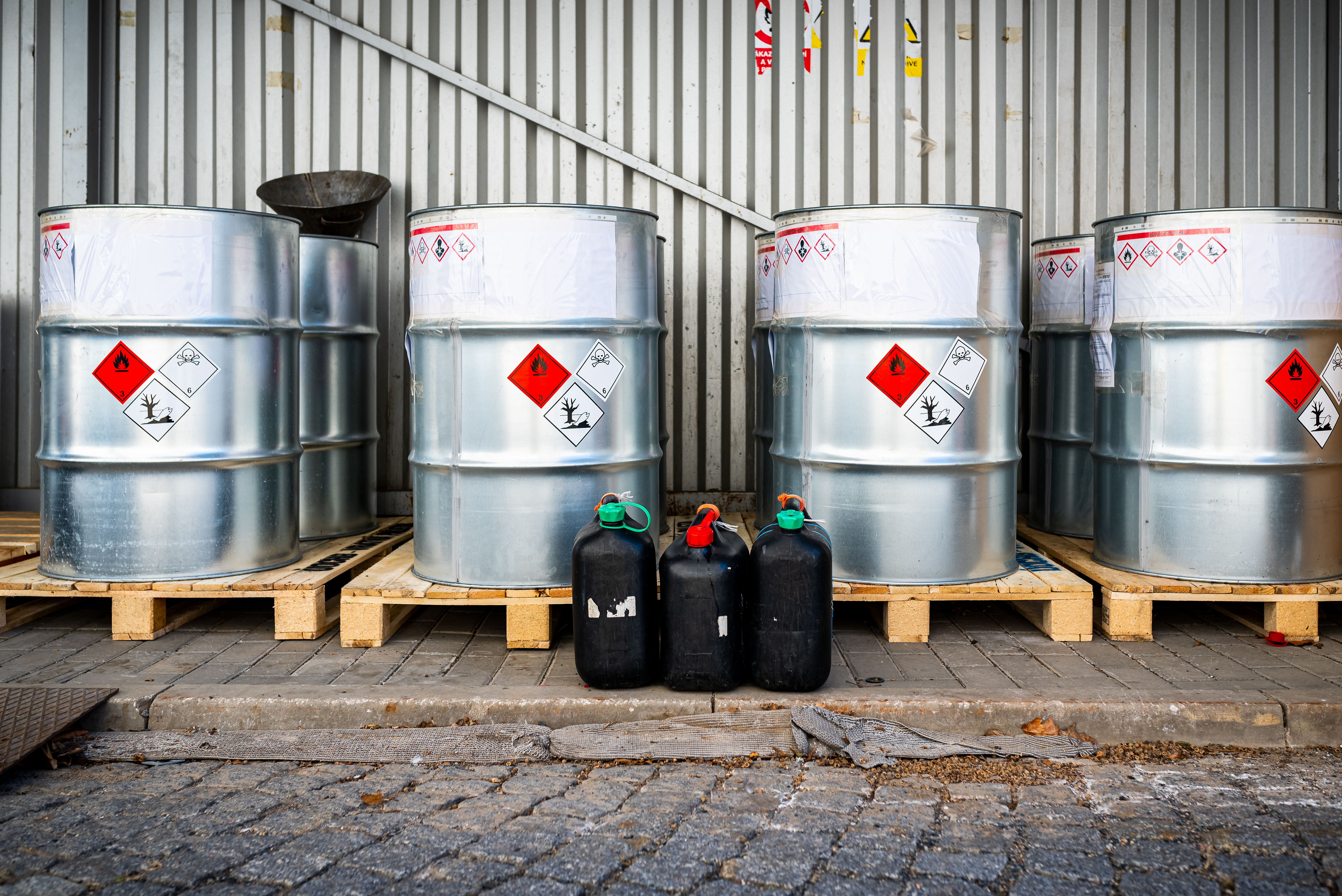Haz waste barrels sitting on pallets
