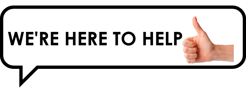 Speach bubble with text "We're here to help" and a hand giving a thumbs up