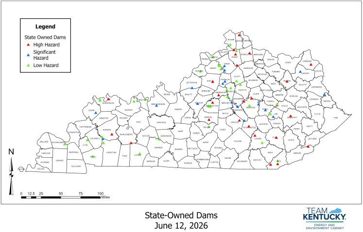 Map depicting locations of state-owned dams in Kentucky by hazard type.