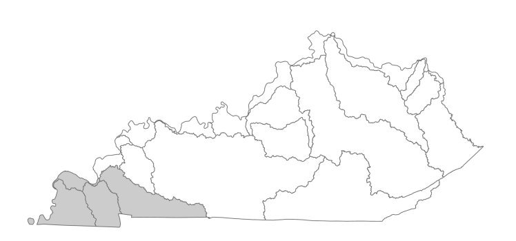 Map depicting the location of Four Rivers Basins within Kentucky