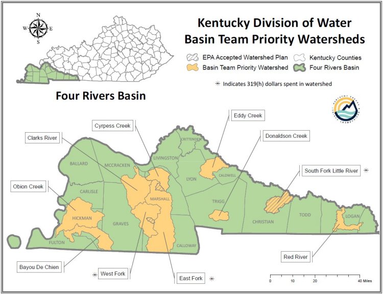 Map depicting Basin Team Priority Watersheds within the Four Rivers Basin of Kentucky