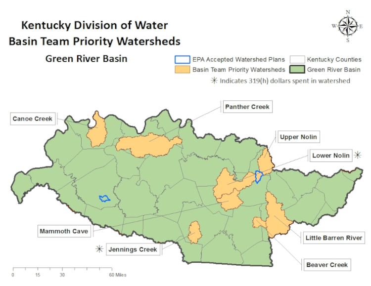 Map depicting Basin Team Priority Watersheds within the Green River Basin of Kentucky