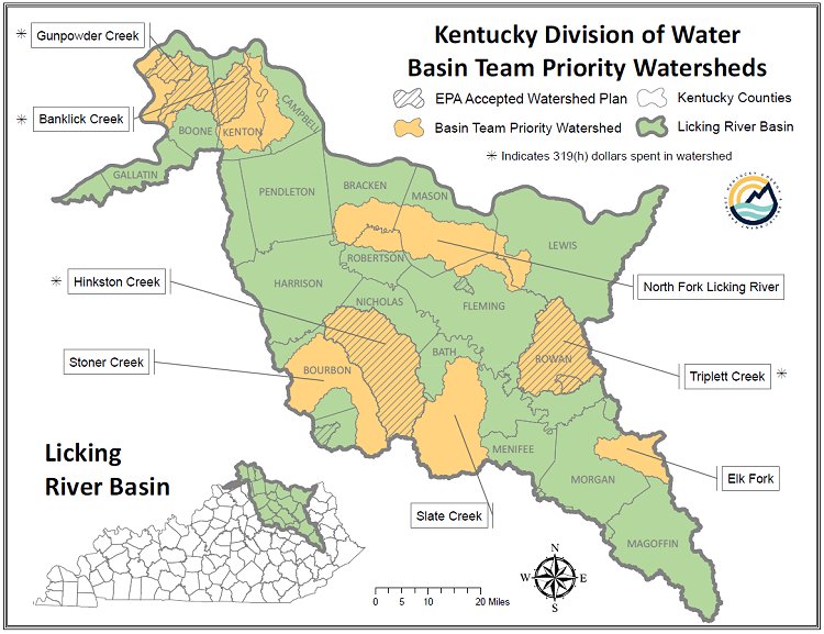 Map depicting Basin Team Priority Watersheds within the Licking River Basin of Kentucky