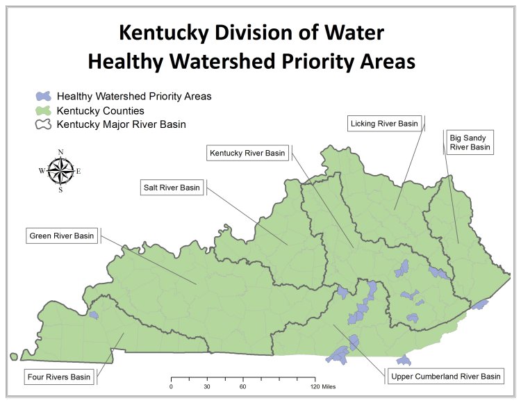 Map depicting healthy watershed priority areas within major river basins of Kentucky