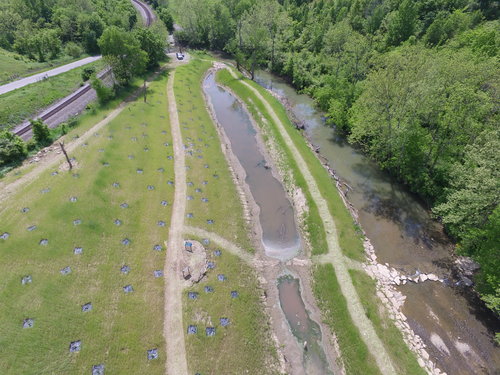 view from above of floodplain restoration