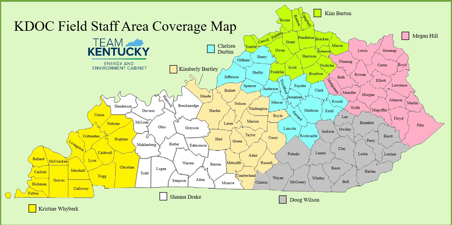 A color-coded map of the Division of Conservation Field Staff coverage areas.