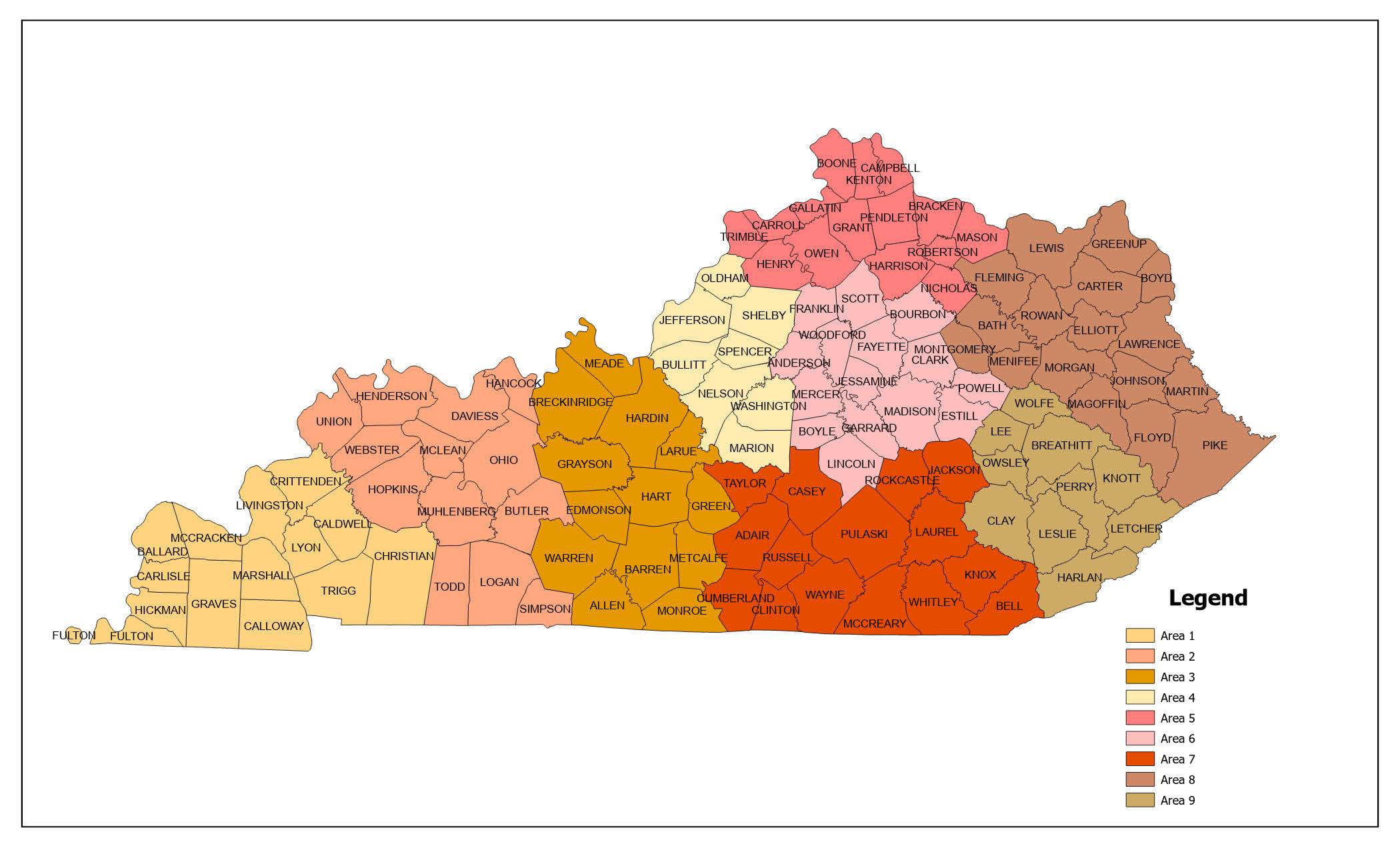 Map of Kentucky counties, color-coded to show each of nine conservation district areas