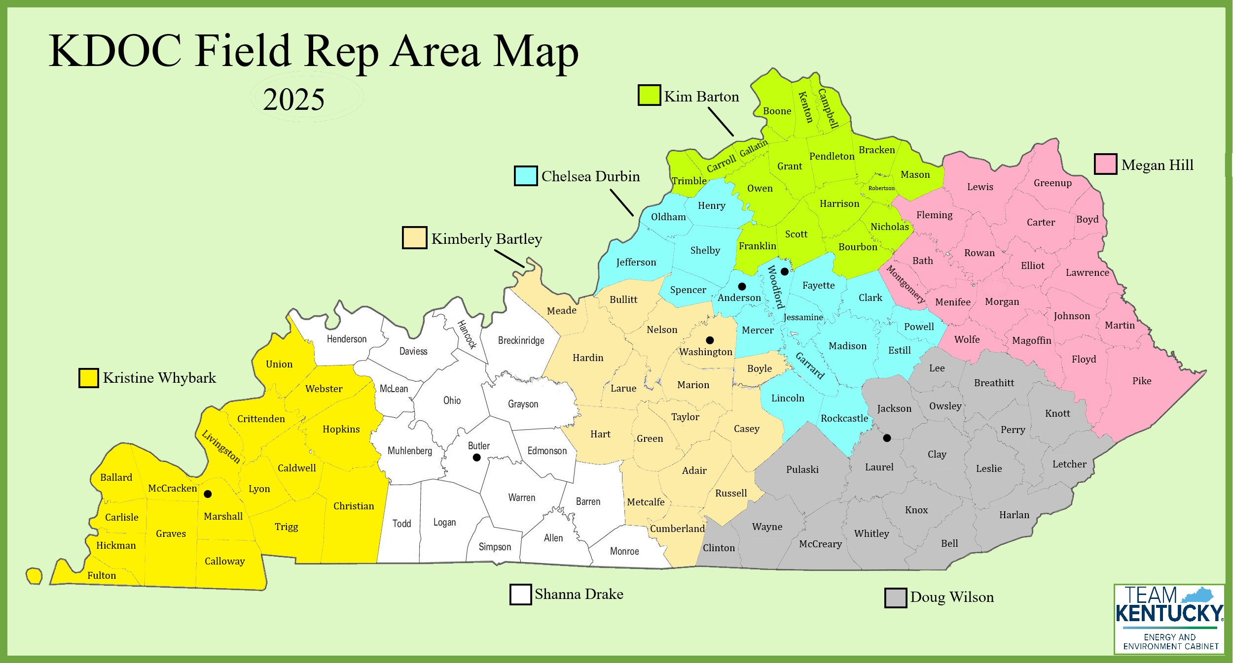 A color-coded map of the Division of Conservation Field Staff coverage areas.
