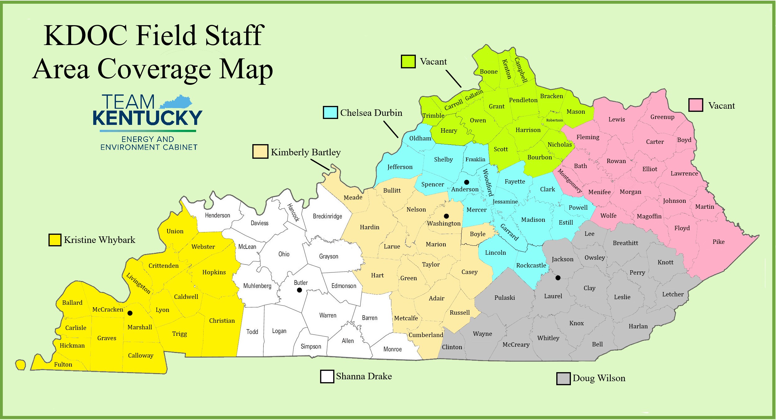 A color-coded map of the Division of Conservation Field Staff coverage areas.