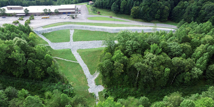 Aerial view of completed retaining wall