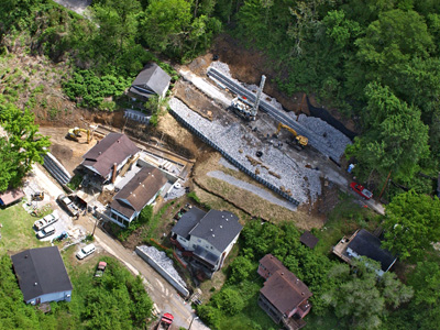 aerial view of retaining wall construction
