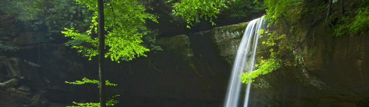 Broke leg waterfall drops more than 60 feet into a forested gorge.