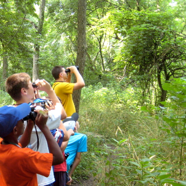 Group of young children using binoculars to look into the distance