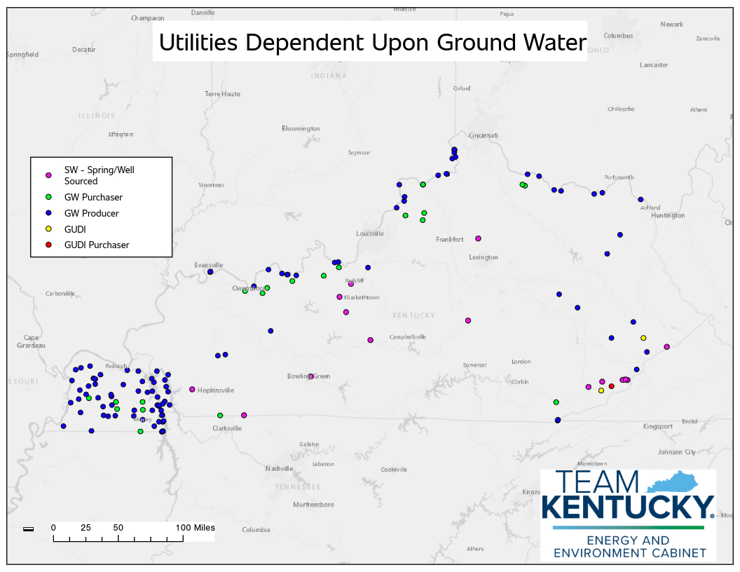 Map of Kentucky showing utilities across the state dependent on groundwater